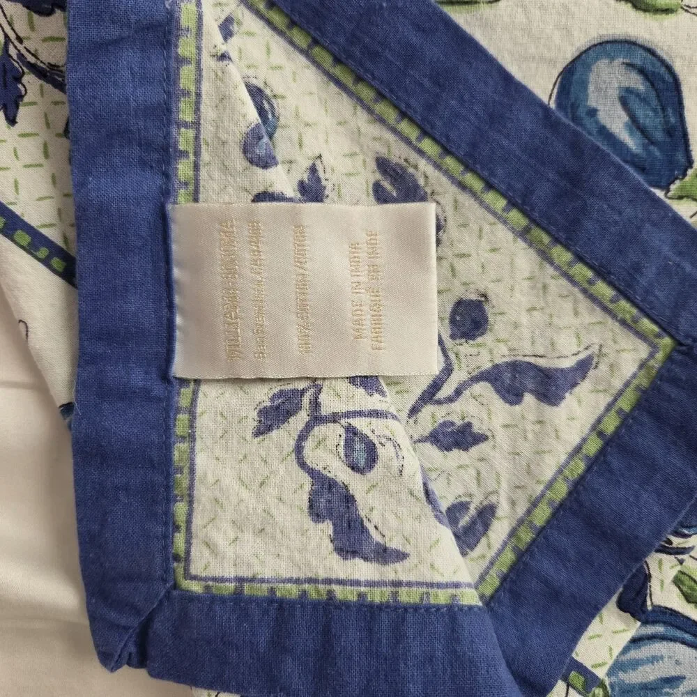 Williams Sonoma Tablecloth Figs Provence Cotton India 70x90 blue green Vintage